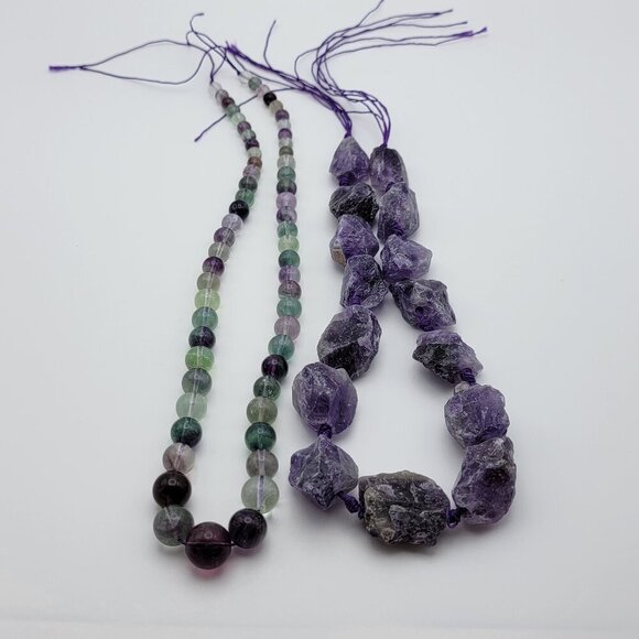 Multicolor Round Agate Bead And Rough Amethyst Geode Necklace LOT Needs Clasps - Picture 1 of 13
